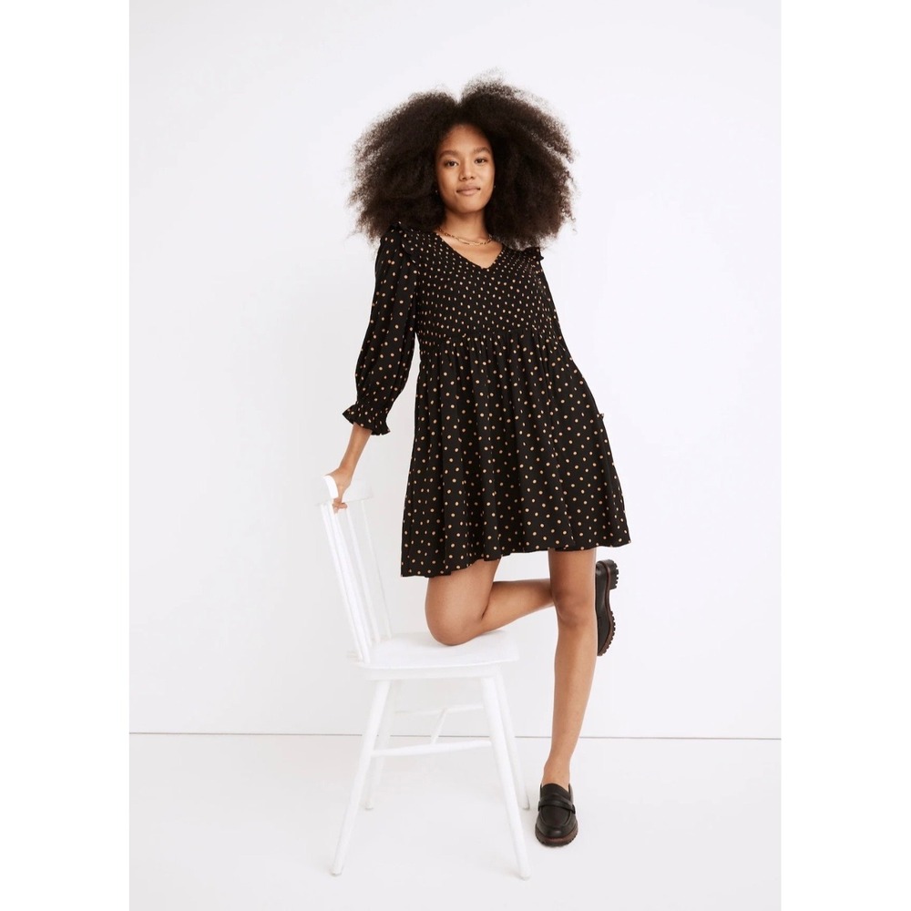 Madewell Lucie Polka Dot Smocked Mini Dress Black Tan V-Neck Ruffle M Boho Flowy